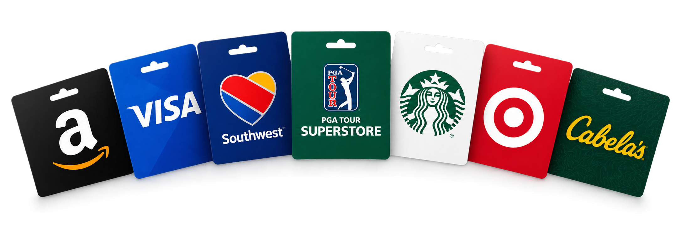 Amazon, Visa, Southwest, PGA TOUR Superstore, Starbucks, Target, and Cabela's gift cards